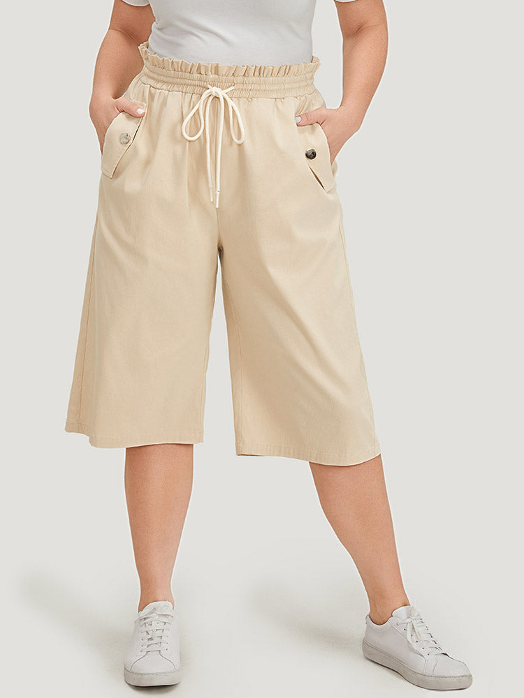 Solid Drawstring Button Detail Pocket Paperbag Waist Pants