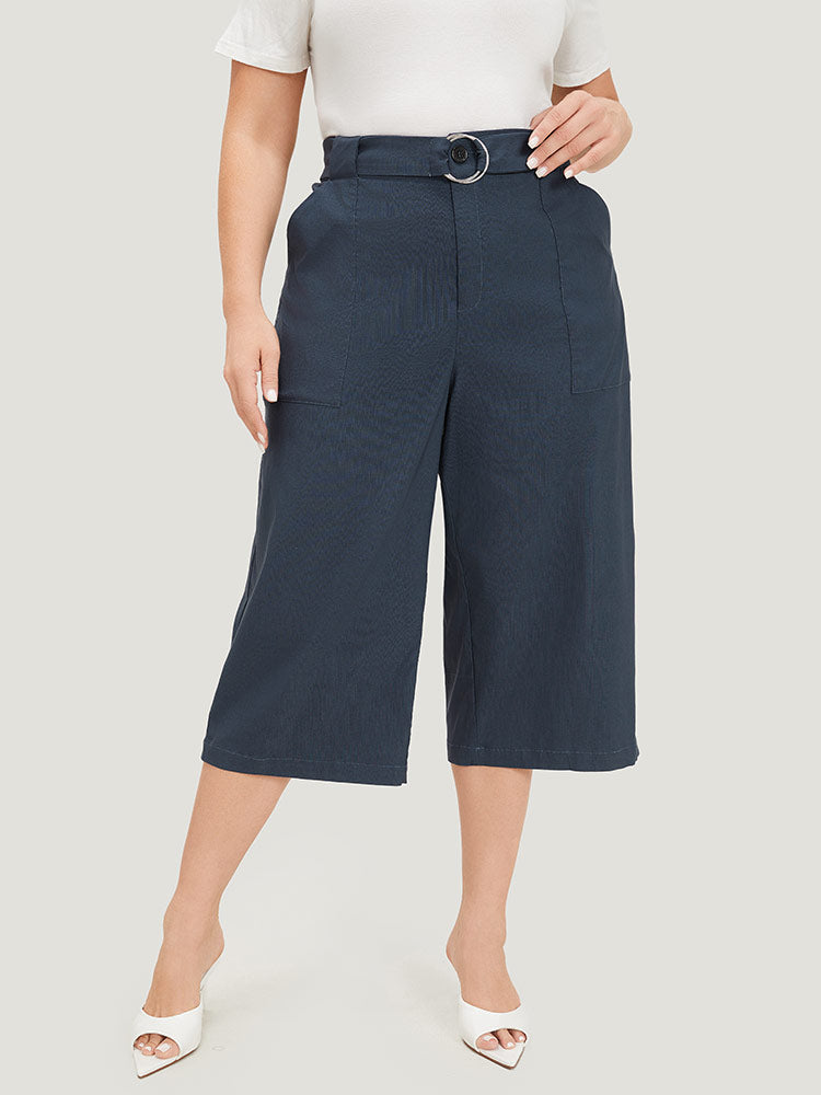 Solid Belted Pocket Cropped Loose Pants