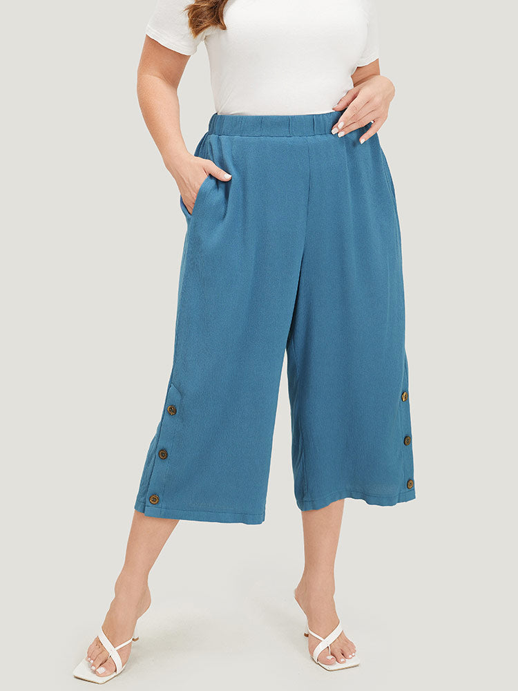 Solid Button Gathered Pocket Loose Cropped Pants