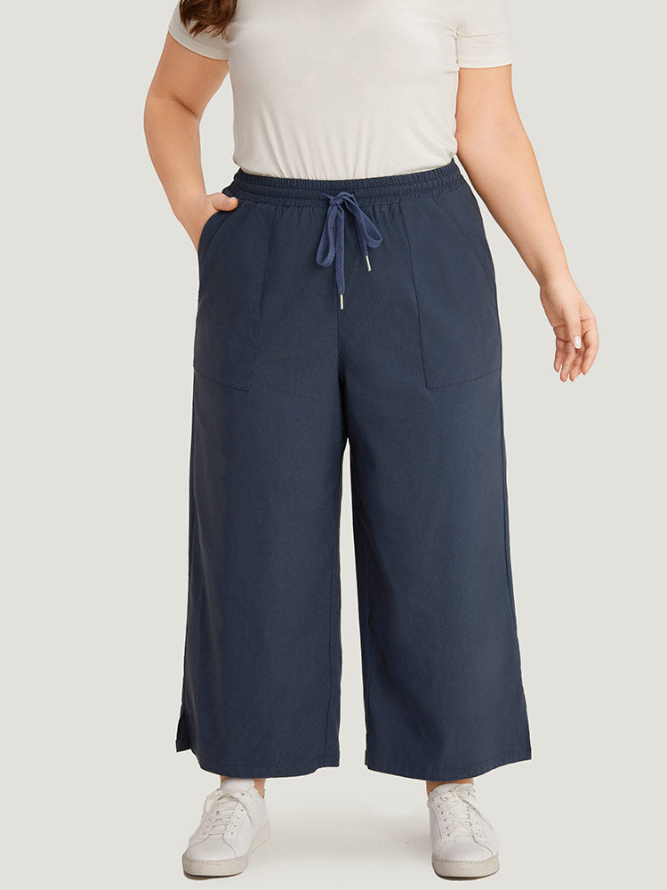 Plain Pocket Drawstring Split HemWide leg Pants