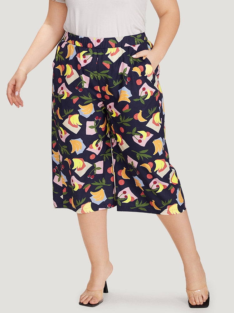 Fruit Print Slant Pocket Elastic Waist Pants