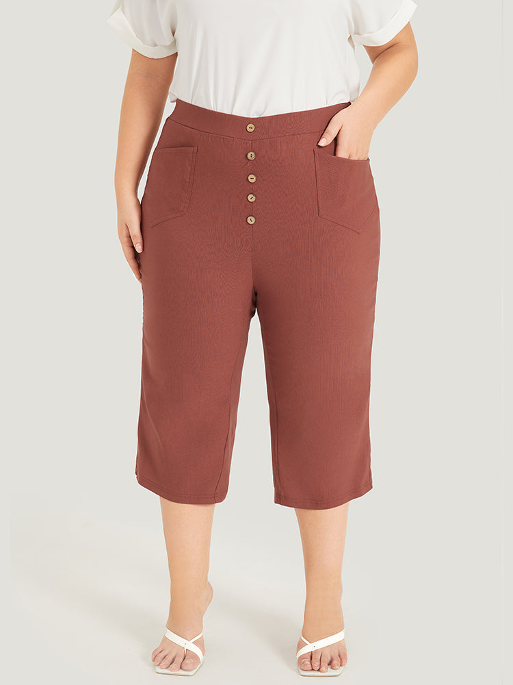 Plain Button Detail Pocket Cropped Pants