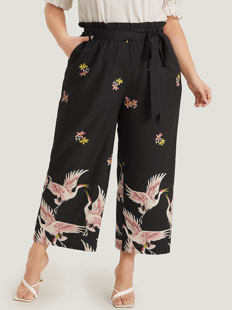 Crane Print Belted Paperbag Waist Pocket Pants