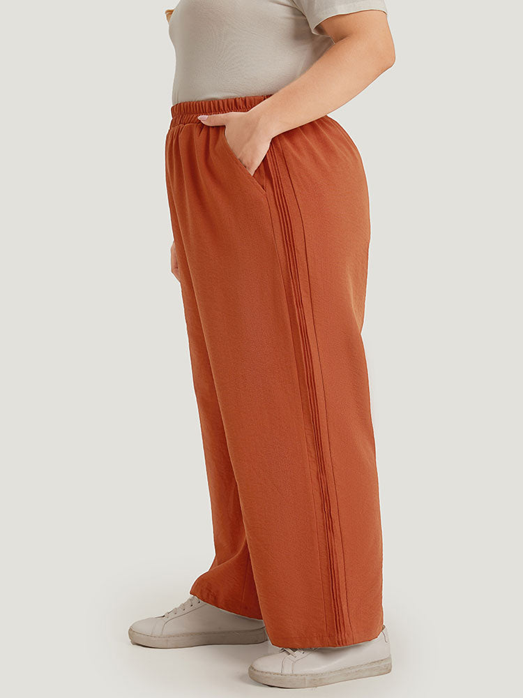 Plain Plicated Detail Pocket Elastic Waist Wide leg Pants