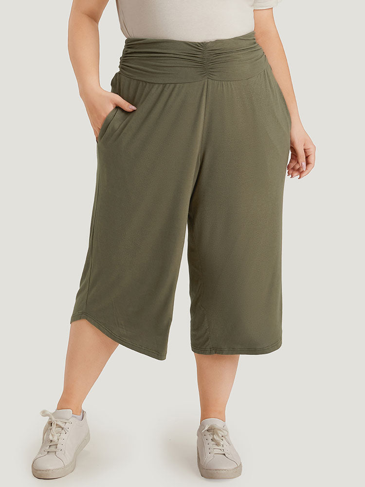 Plain Ruched Pocket Arc Hem Cropped Pants