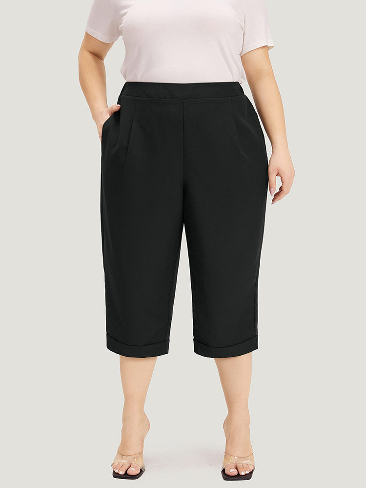 Plain Pocket Elastic Waist Pleated Cropped Pants