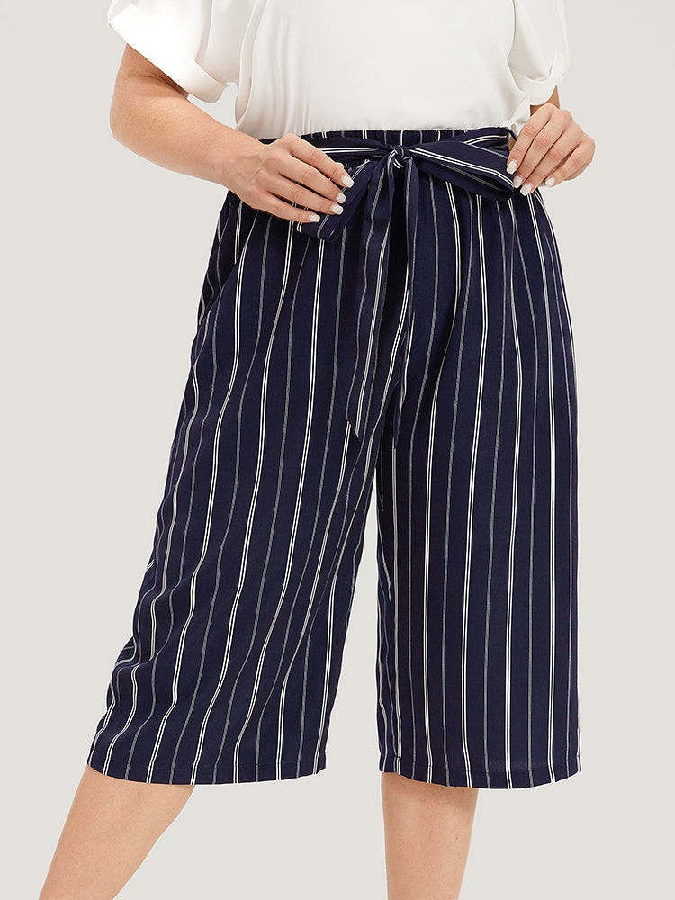 Striped Belted Pocket High Rise Cropped Pants