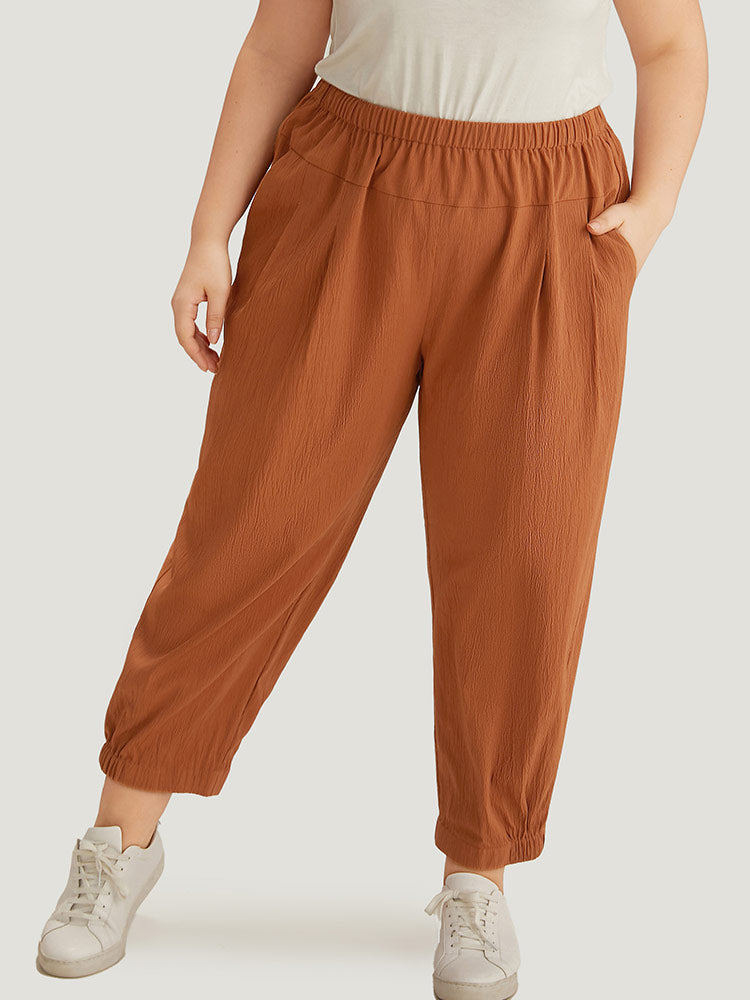 Plain Texture Pocket Elastic Waist Gathered Pants