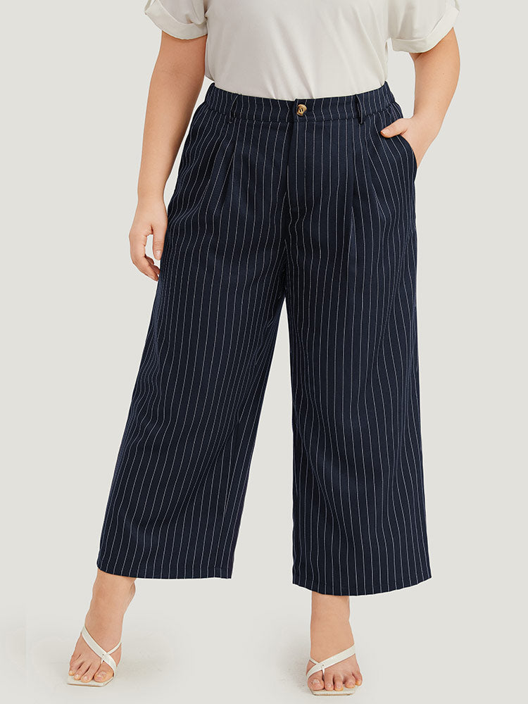 Striped Pocket Loose Pleated Button Fly Pants