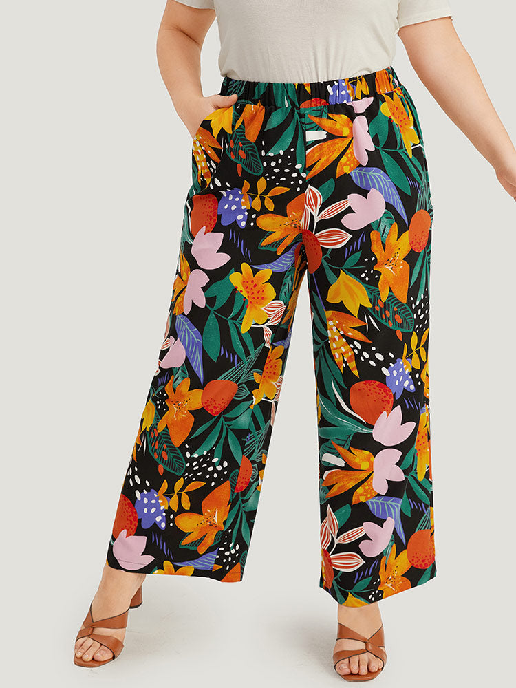 Floral Print Pocket Elastic Waist Loose Pants