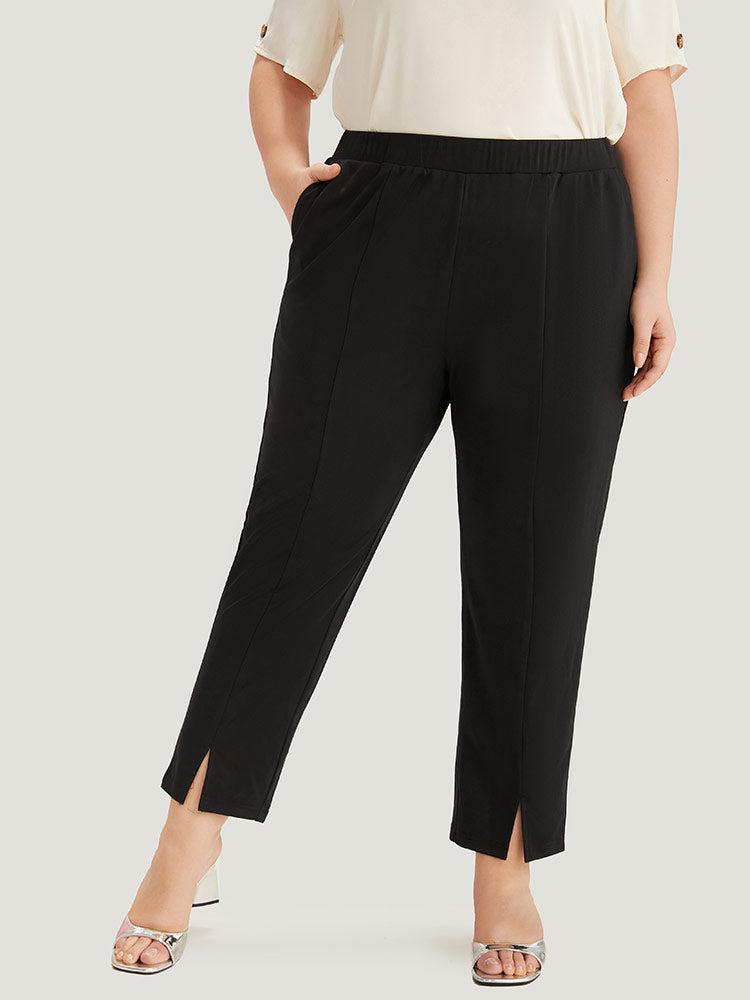 Plain Split Hem Pocket Elastic Waist Pants