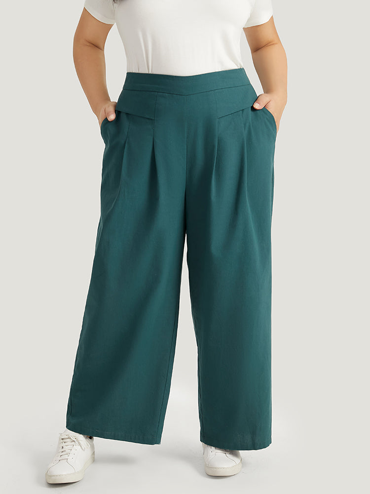 Plain Pocket Elastic Waist Plicated Detail Pants