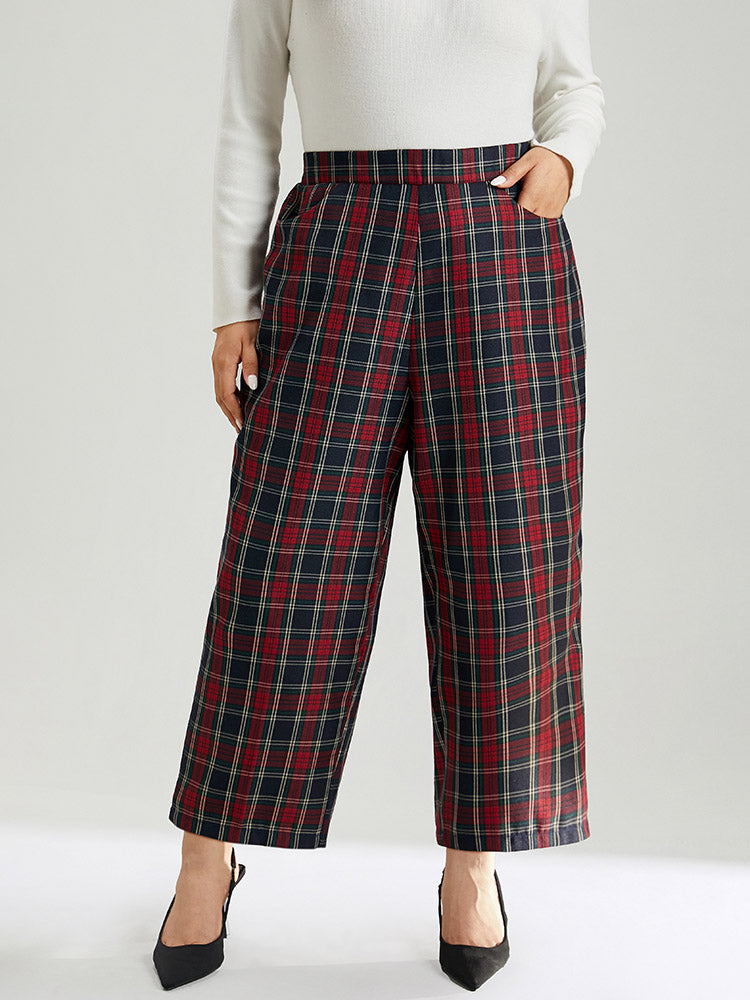 Plaid Elastic Waist Pocket Straight Leg Pants