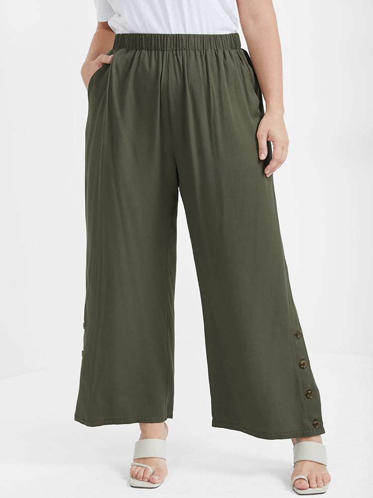 Solid Button Elastic Waist Pocket Loose Pants