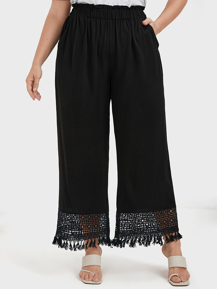 Solid Elastic Waist Contrast Lace Pocket Pants