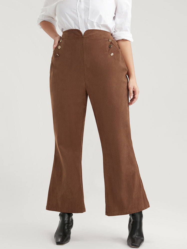 Solid Pocket Button Detail Corduroy Flare Leg Pants