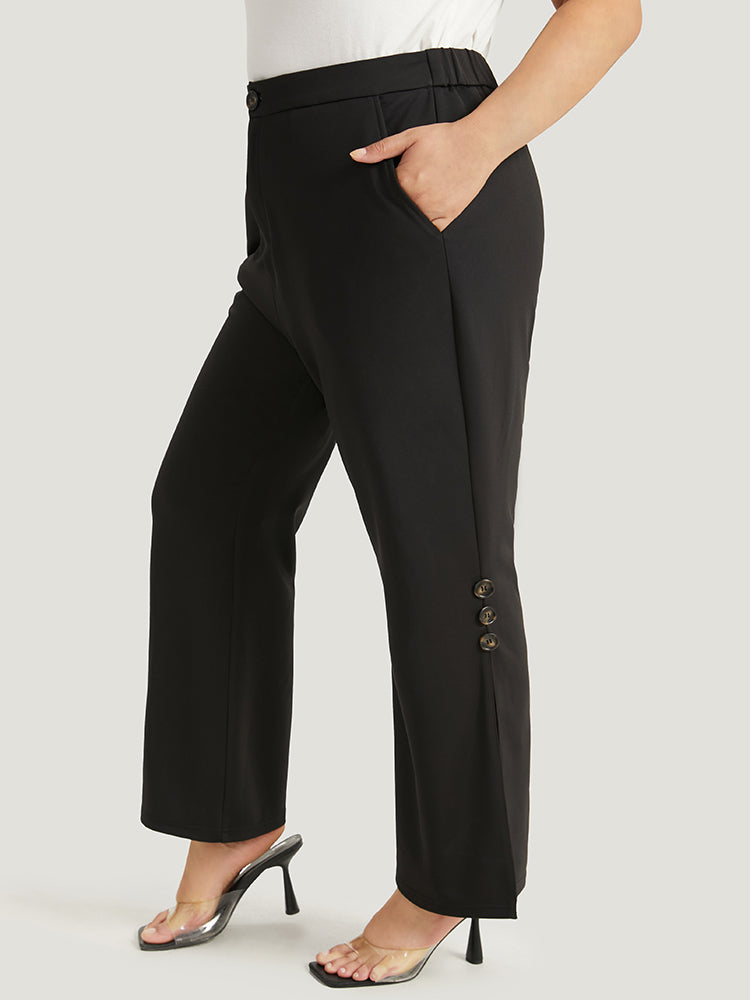 Plain Button Detail Elastic Waist Mesh Patchwork Pants