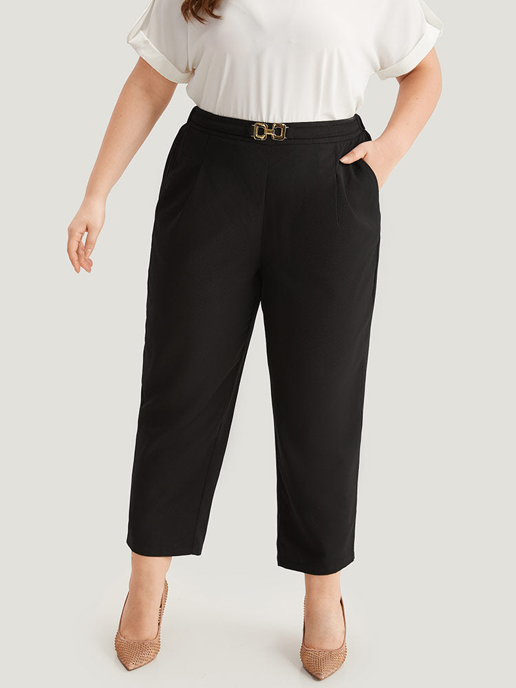 Solid Metal Detail High Rise Straight Leg Pants