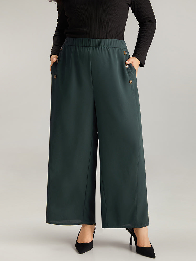 Anti-Wrinkle Plain Button Detail Wide Leg Pants