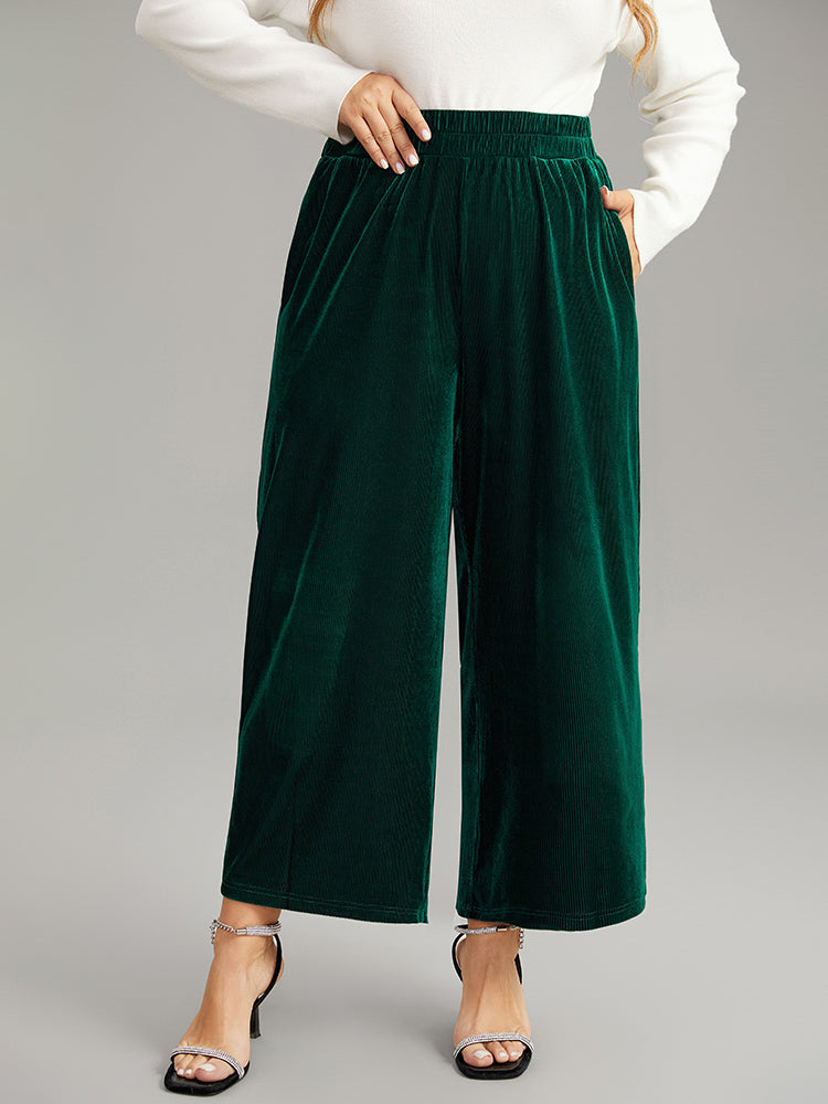 Solid Textured Velvet Elastic Waist Gathered Pants