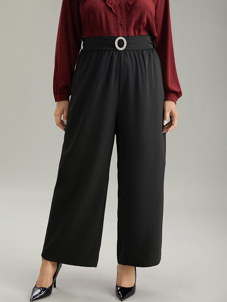 Static-Free Solid Glitter Buckle Detail Belted Pants