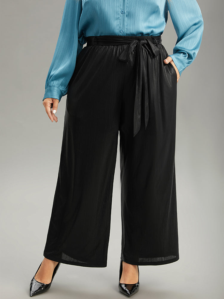 Plain Texture Belted High Rise Wide Leg Pants