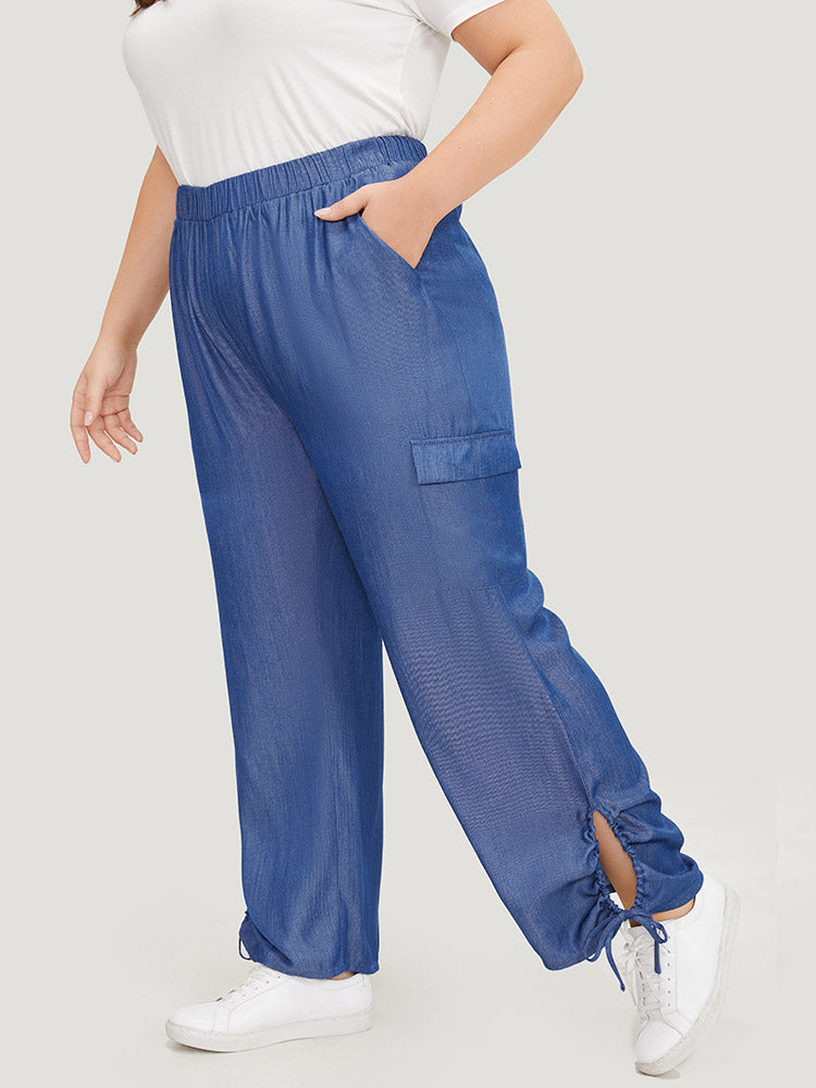 Solid Flap Pocket Drawstring Cut Out Pants