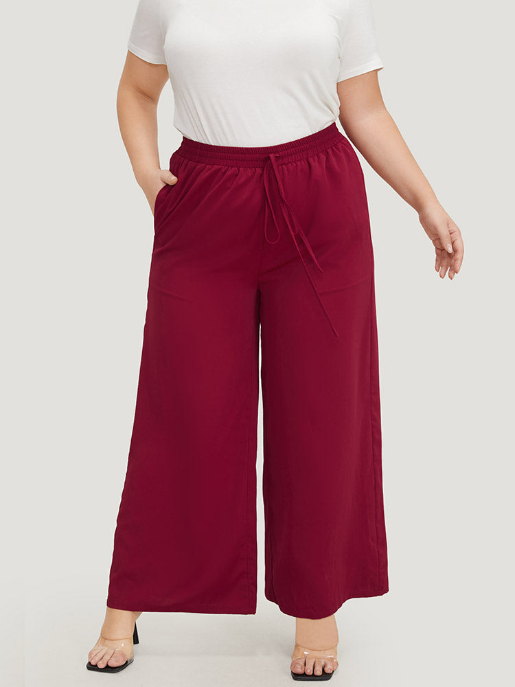 Solid Pocket Drawstring Wide Leg Pants