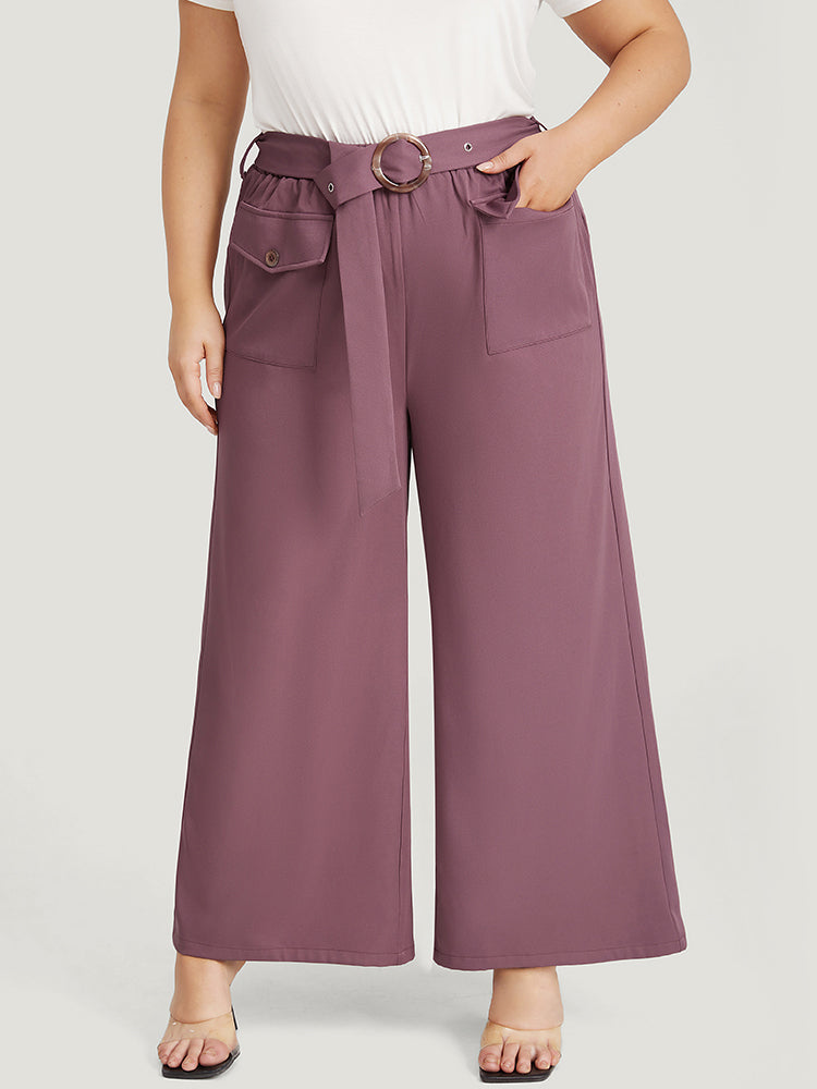 Solid Flap Pocket Buckle Belt Wide Leg Pants