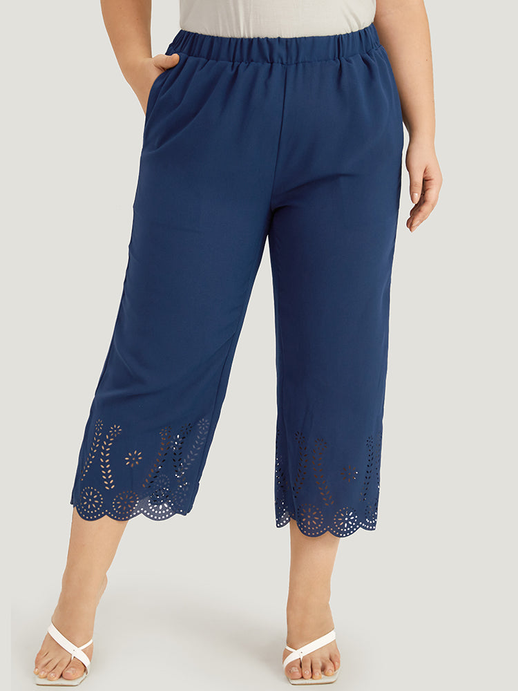 Solid Pocker Elastic Waist Laser Cut Pants