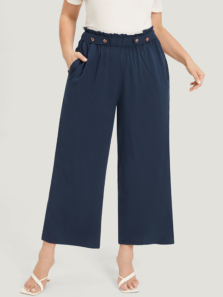 Plain Pocket Paperbag Waist Button Detail Pants