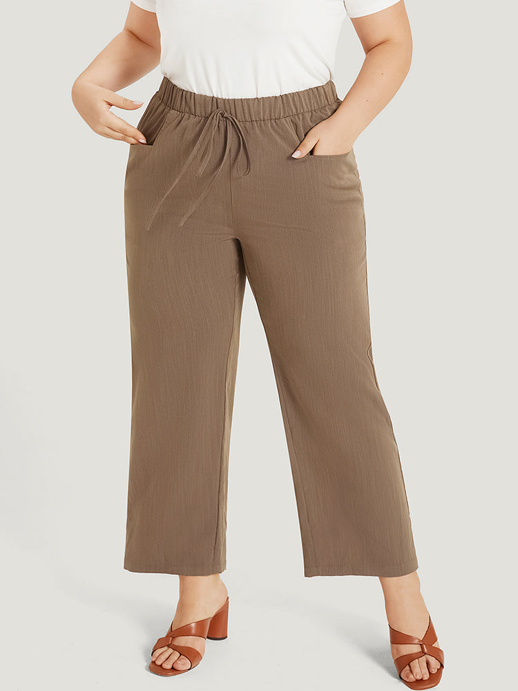 Plain Pocket Ties Elastic Waist Straight Leg Pants