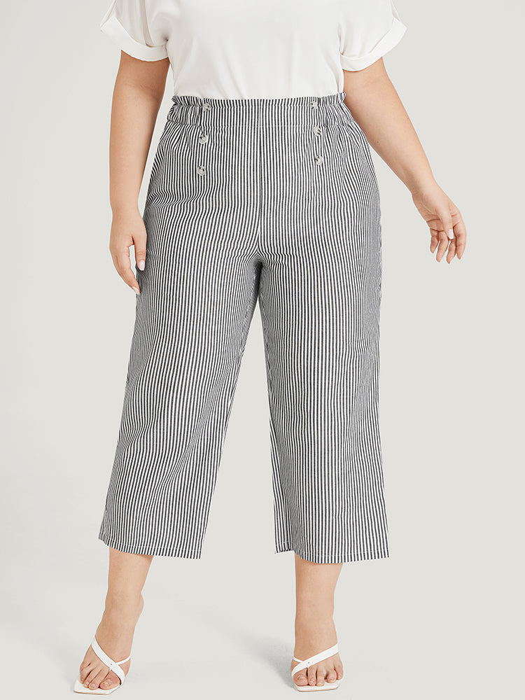 Striped Pocket Button Detail Paperbag Waist Pants