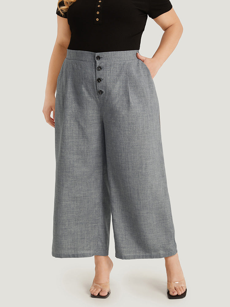 Plain Pocket Button Detail Pleated Pants