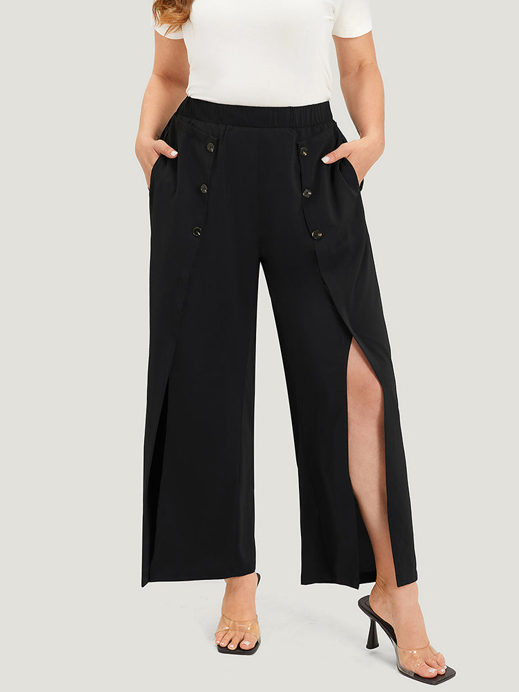 Solid Button Detail Pocket Wrap Hem Pants