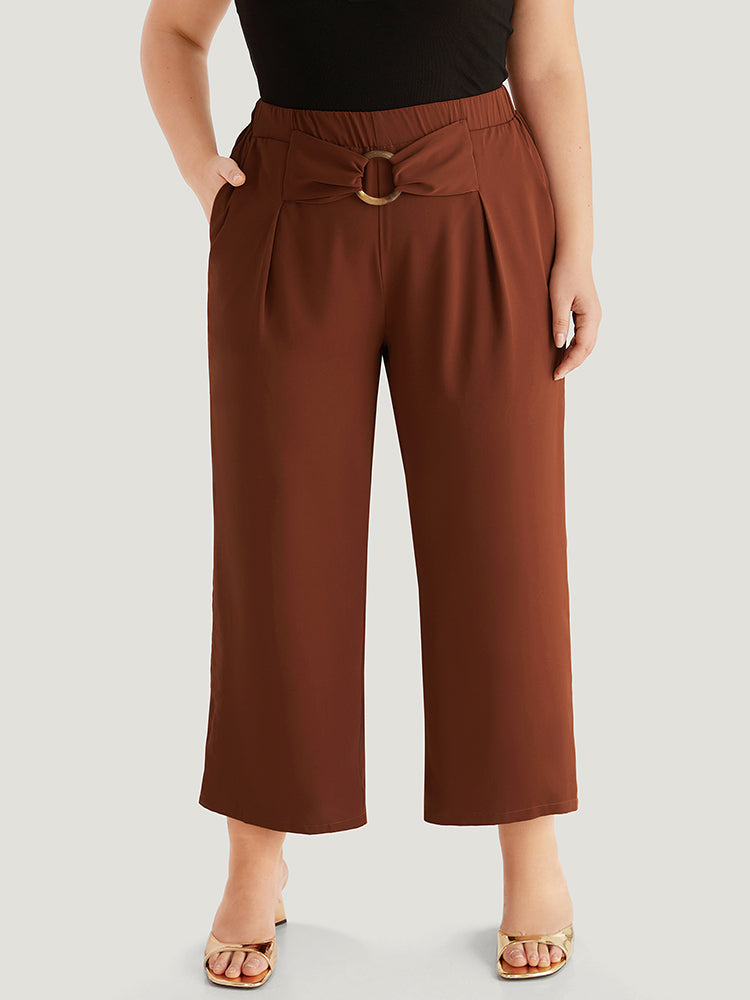 Solid Metal Buckle Detail Pleated Pants