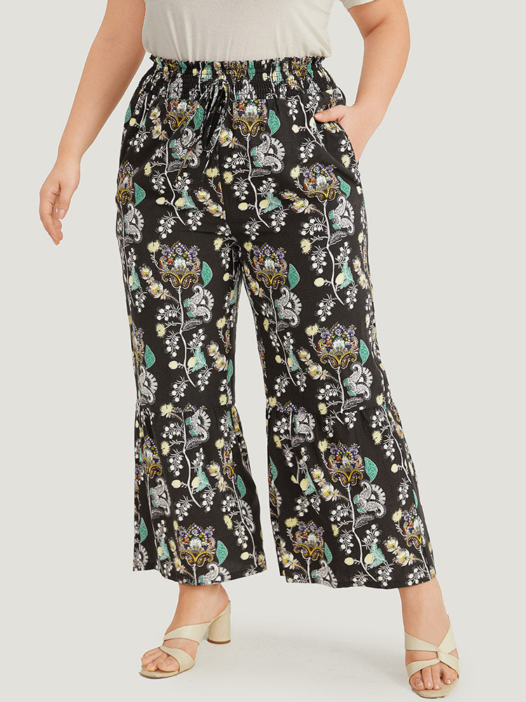 Floral Print Shirred Bootcut Ties Pocket Pants