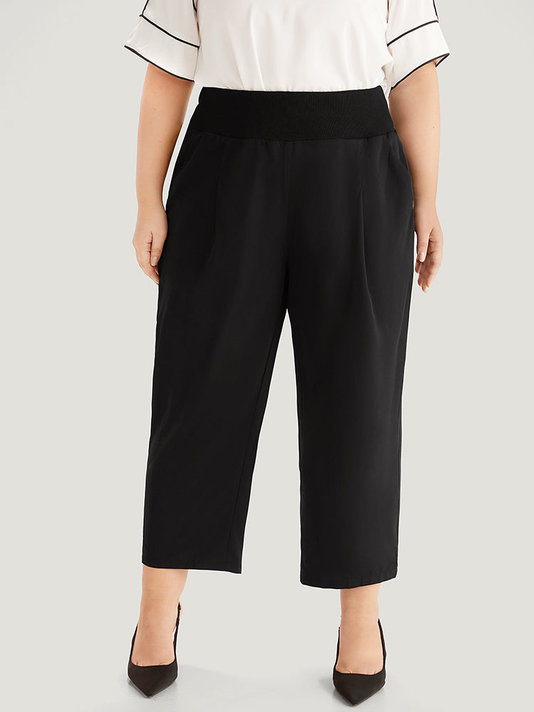 Plain Pleated Pocket Wideband Waist Pants