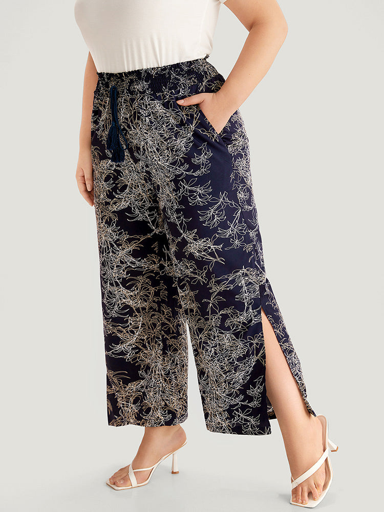 Graphic Print Shirred Split Side Tassels Ties Pants