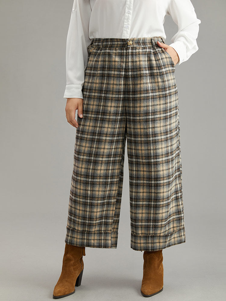 Plaid Button Detail Straight Leg Pants