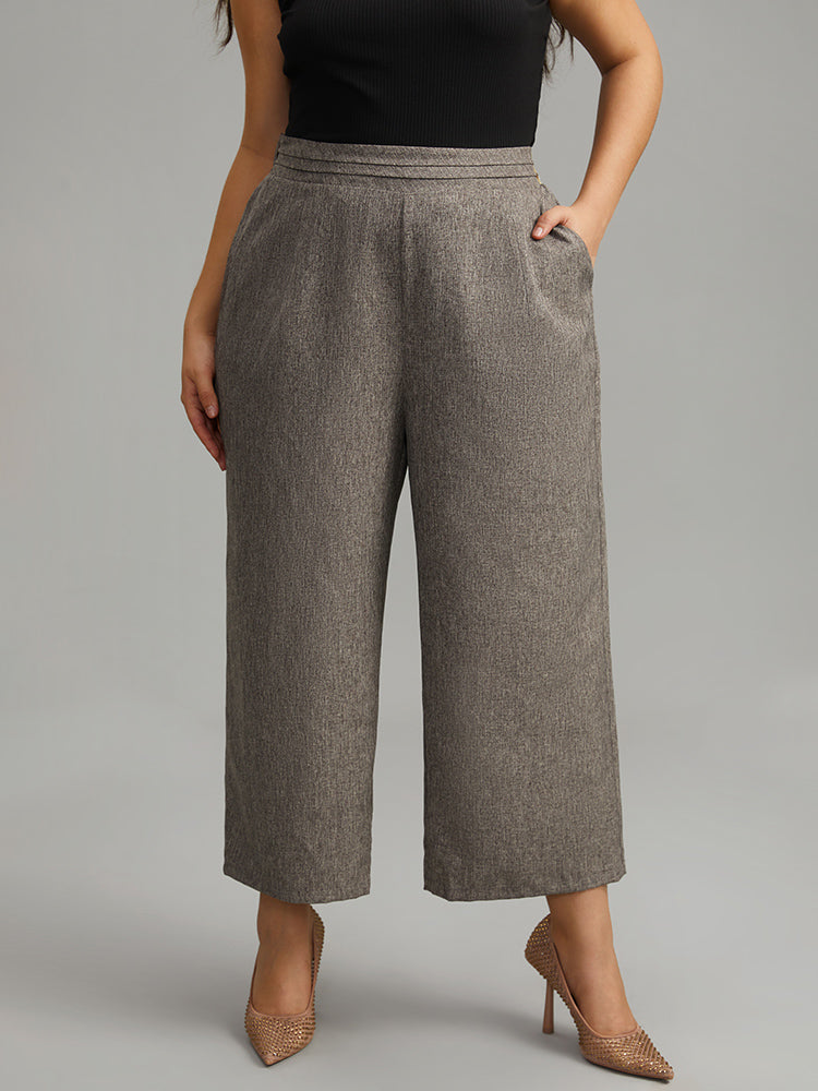 Heather Button Detail Straight Leg Pleated Pants