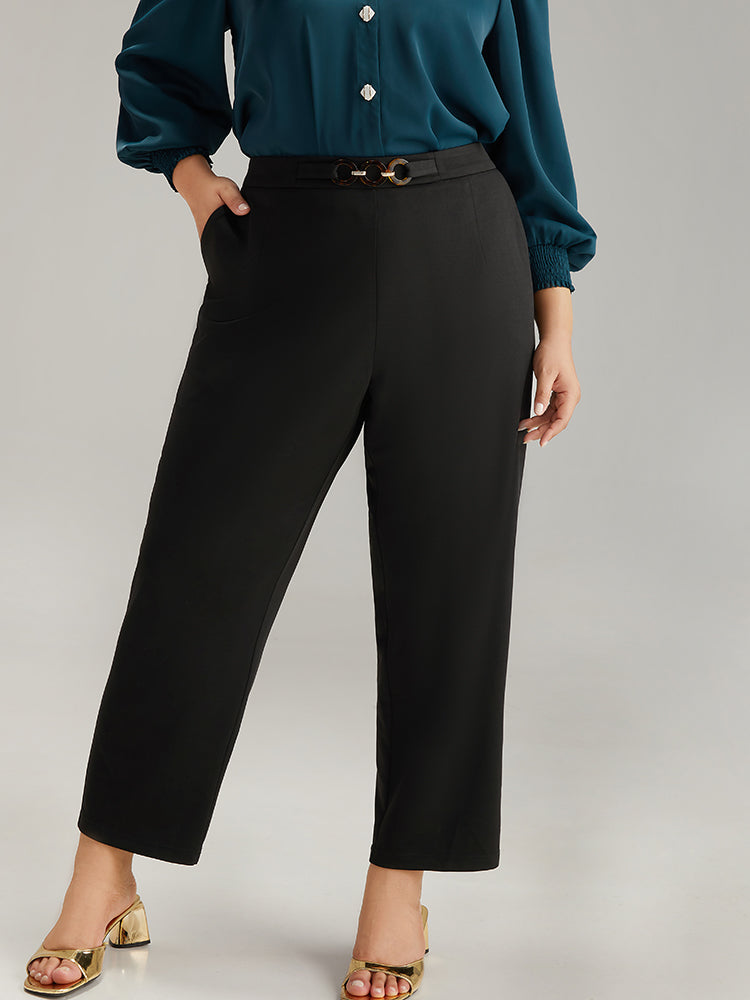 Plain Pocket Buckle Detail Elastic Waist Pants