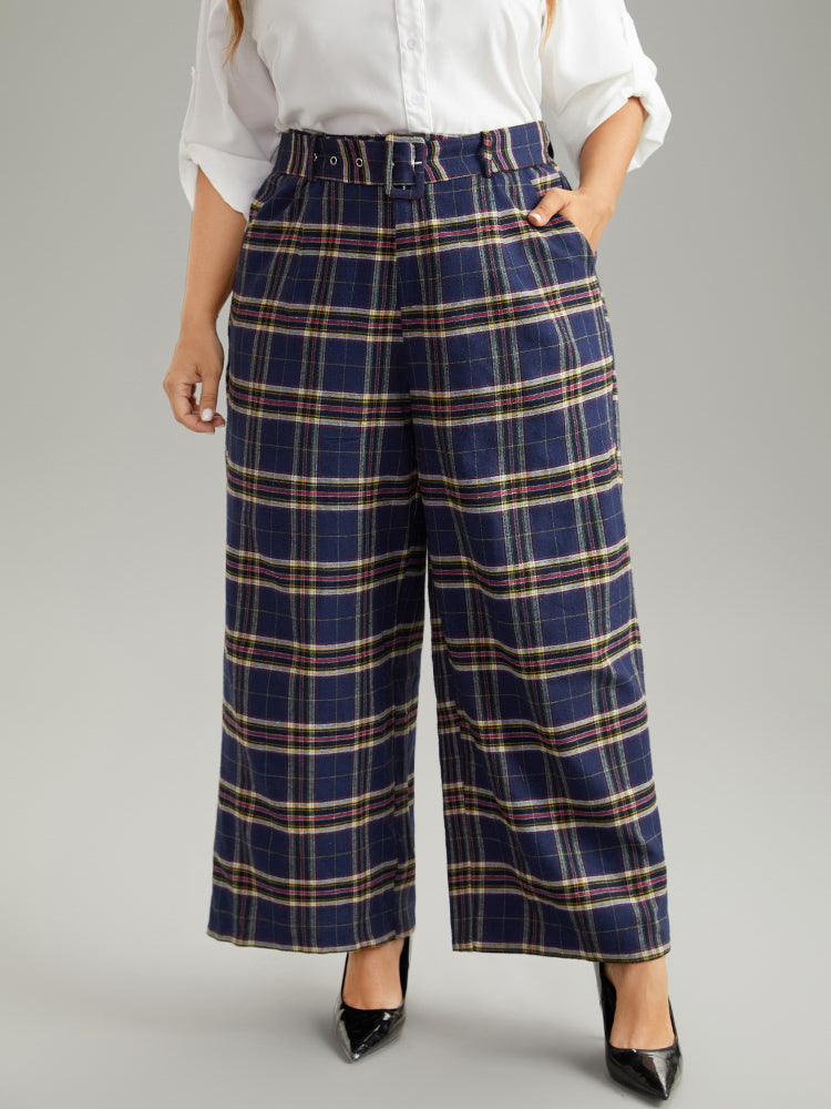 Plaid Pocket Eyelet Belted Straight Leg Pants