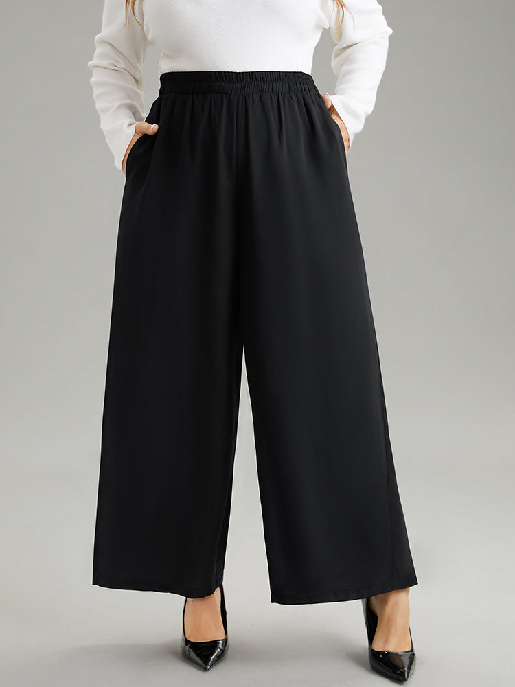 Solid Chiffon Elastic Waist Wide Leg Pants