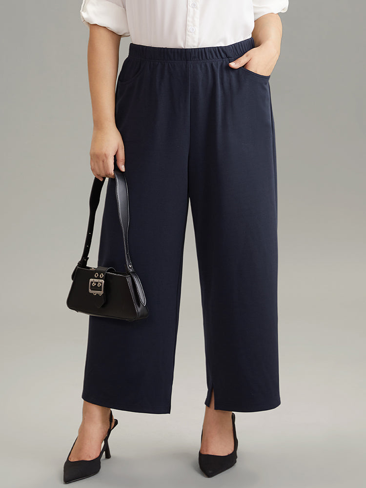 Solid Wide Leg Elastic Waist Split Hem Pants