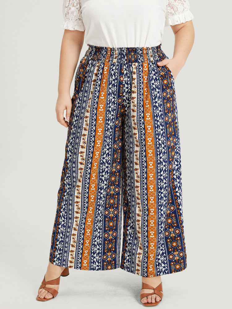 Boho Print Shirred Pocket Elastic Waist Pants