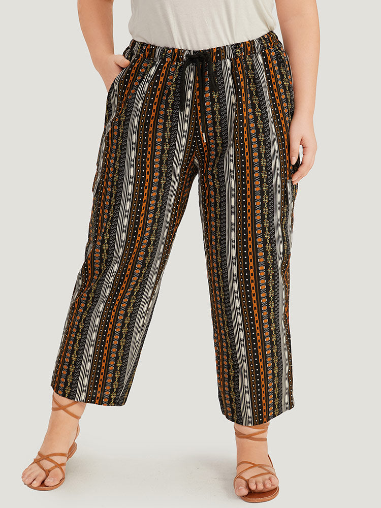 Boho Print Pocket Drawstring Elastic Waist Pants