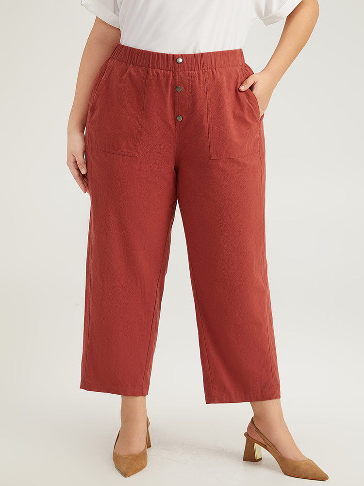 Plain Button Up Pocket Straight High Rise Leg Pants