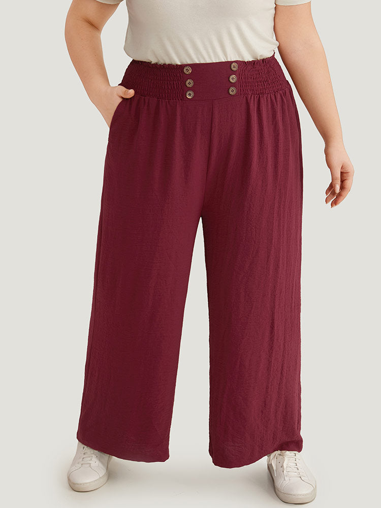 Button Detail Shirred Wide Leg Pants