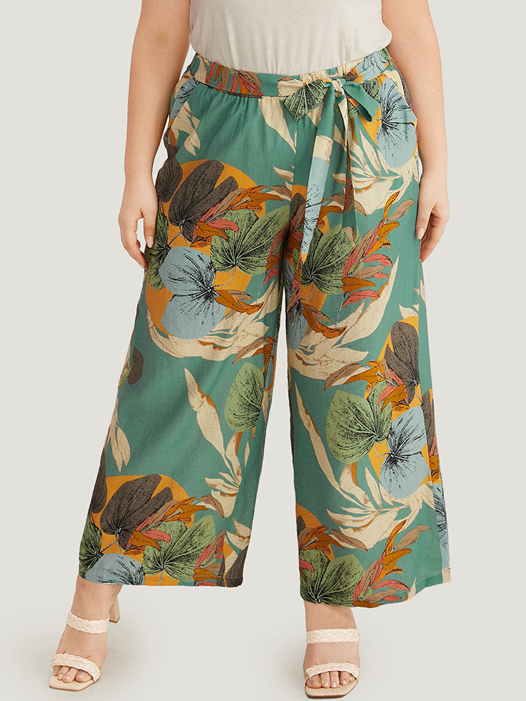 Plants Print Elastic Waist Ties Pants